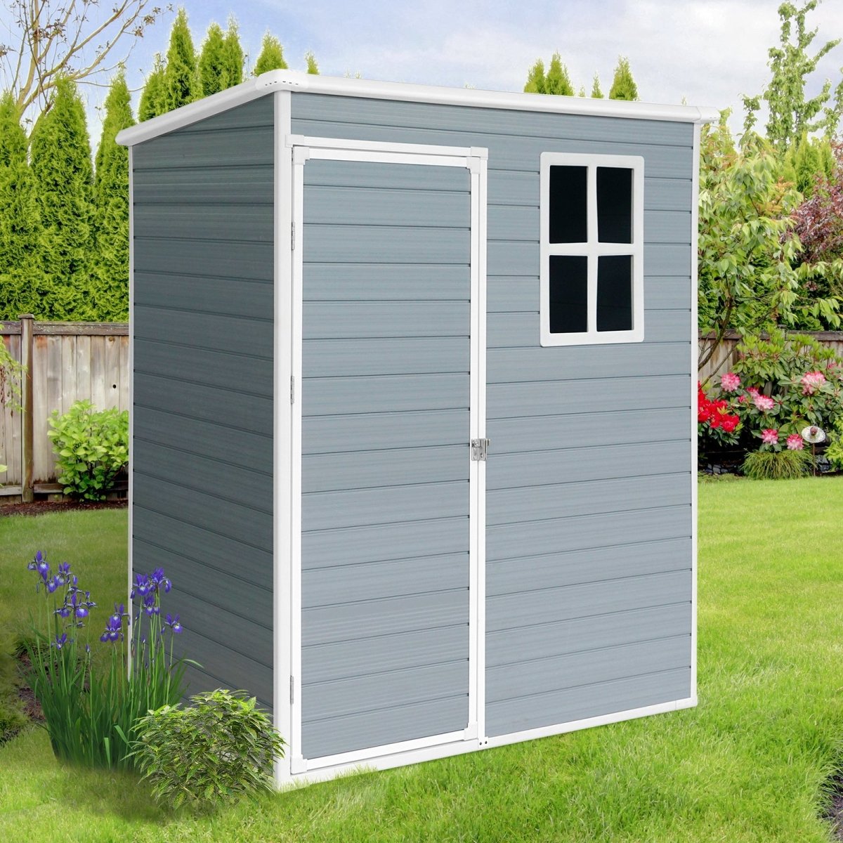 5ft x 3ft Resin Outdoor Storage Shed – Plastic Garden Shed with Floor & Lockable Door, Grey