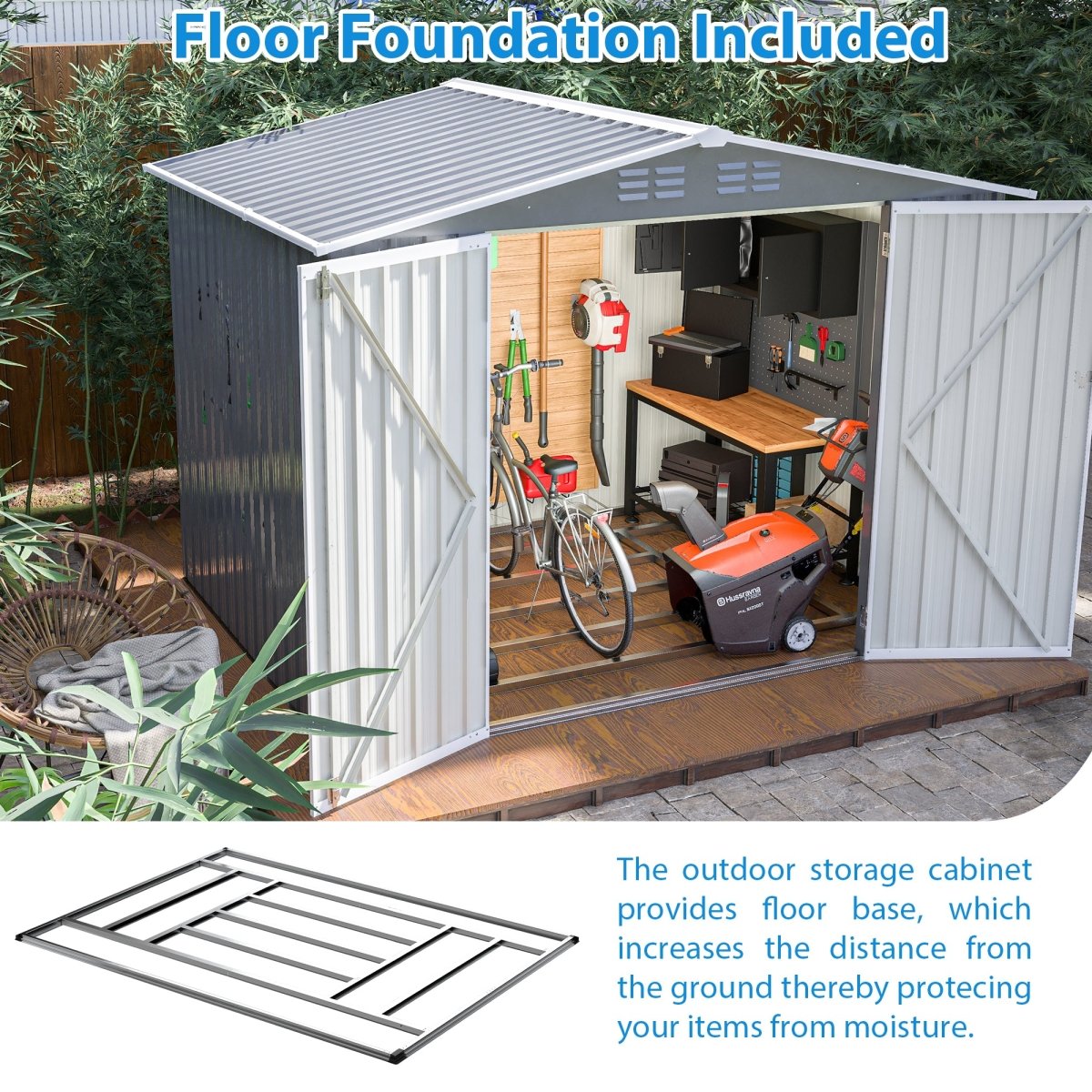 8 x 6 FT Outdoor Waterproof Garden Tool Storage Sheds with Metal Foundation with Floor Frame, Tool Shed with Lockable Hinged Doors & Air Vents, Storage House Waterproof for Backyard, Lawn, Gray