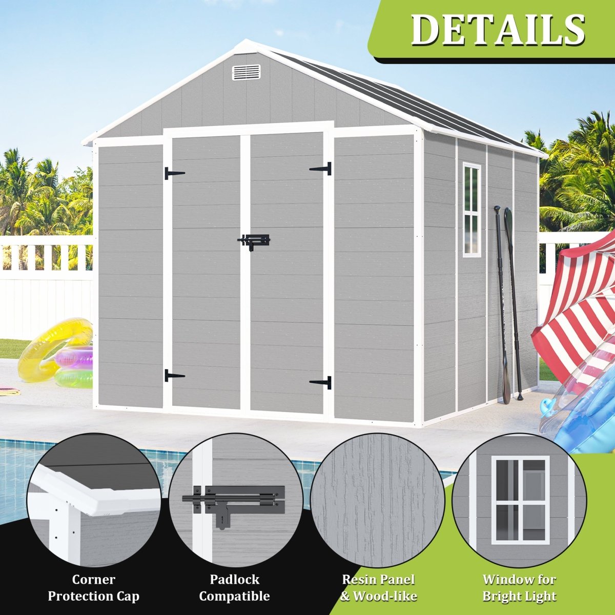 8x8 ft Resin Storage Shed, High Quality Pp Material, Strong Structure, Waterproof, Rust And Uv Proof, Large Storage Space, 12mm Thick Pp Board, Hd Window Lighting