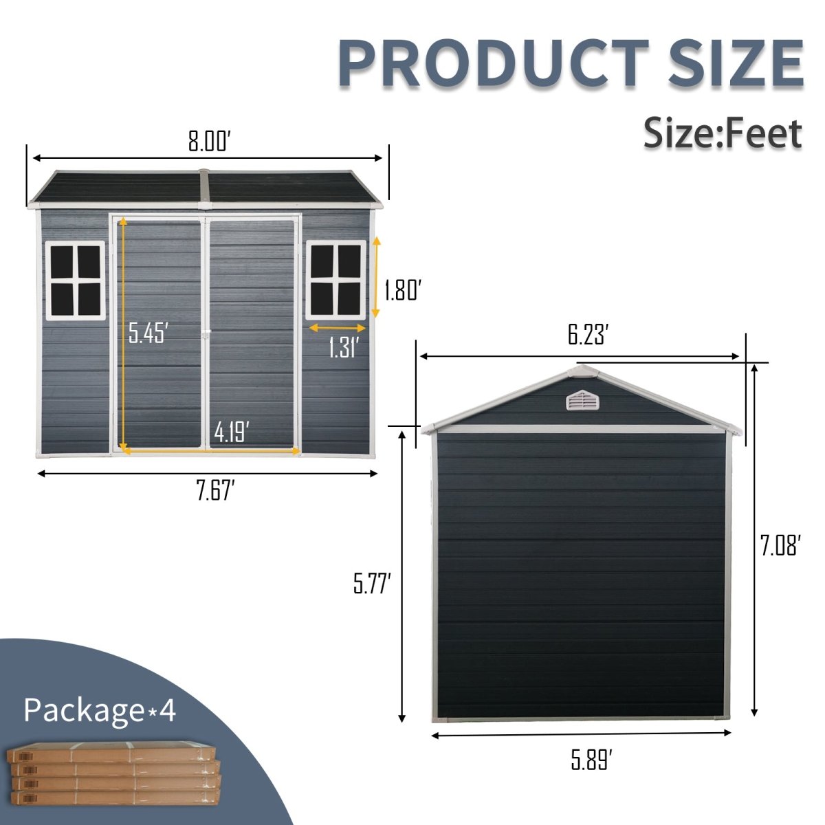 8 x 6ft Resin Outdoor Storage Shed Waterproof Shed with Floor & Two Windows & Lockable Door, Tool Shed for Garden, Patio, Backyard ,Black