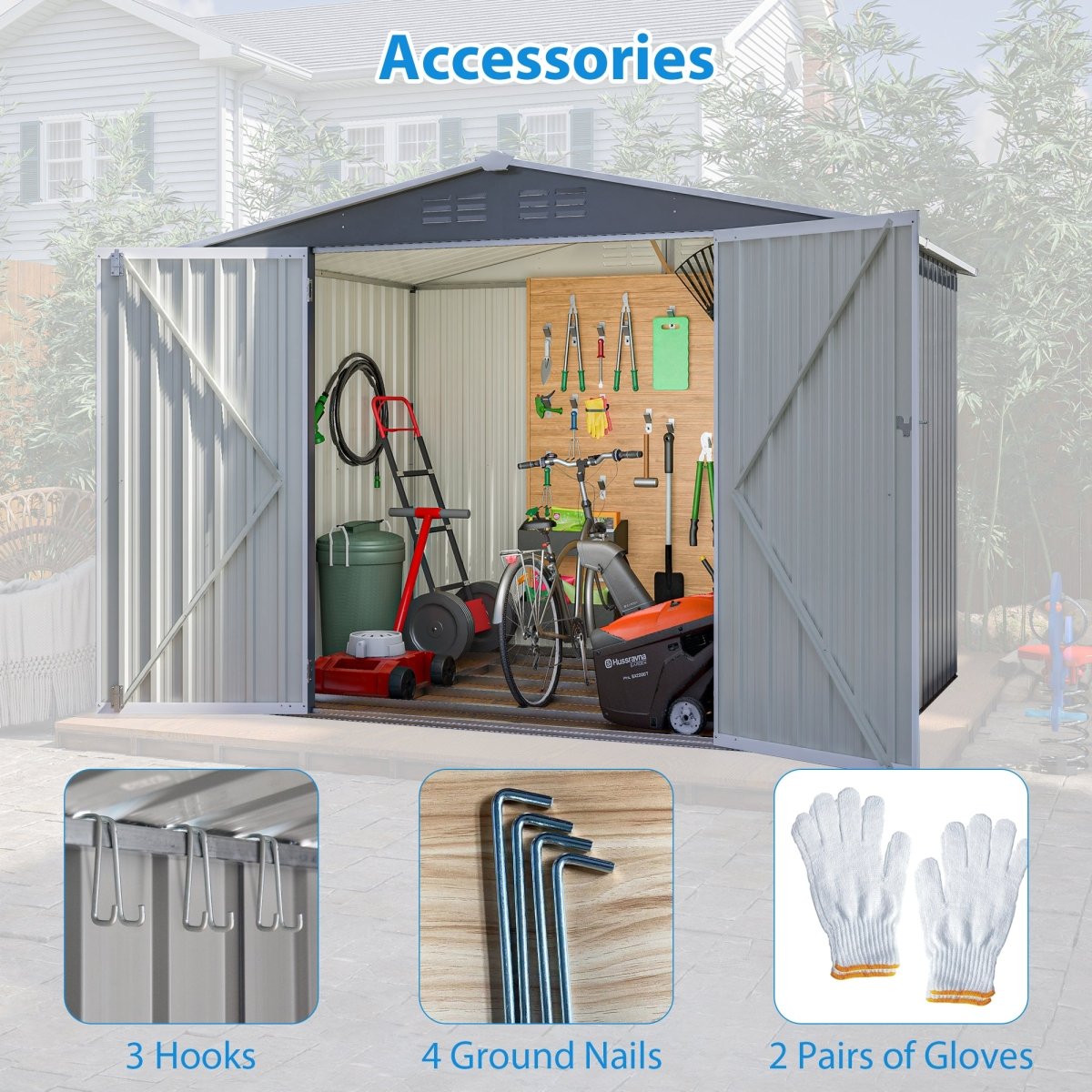 8 x 6 FT Outdoor Waterproof Garden Tool Storage Sheds with Metal Foundation with Floor Frame, Tool Shed with Lockable Hinged Doors & Air Vents, Storage House Waterproof for Backyard, Lawn, Gray