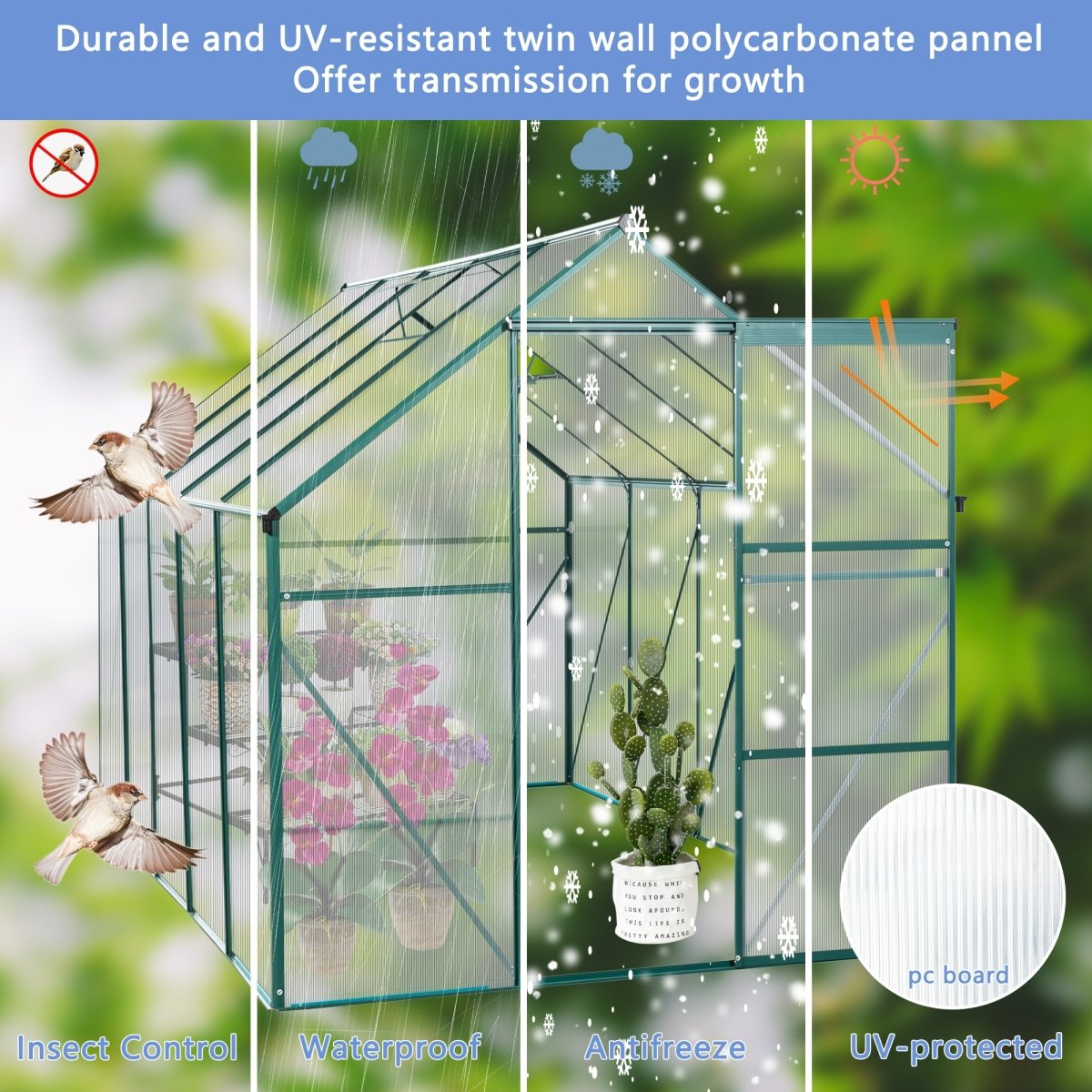 6X10FT Polycarbonate Greenhouse Raised Base and Anchor Aluminum Heavy Duty Walk-in Greenhouses for Outdoor Backyard in All Season