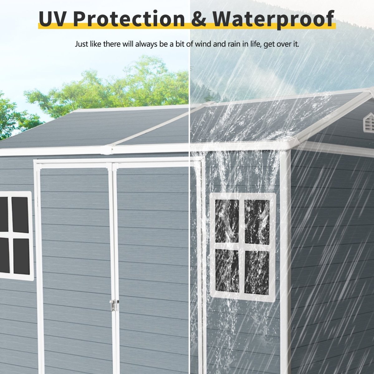 8 x 6 ft Resin Outdoor Storage Shed Waterproof Shed with Floor & Two Windows & Lockable Door, Tool Shed for Garden, Patio, Backyard,Gray