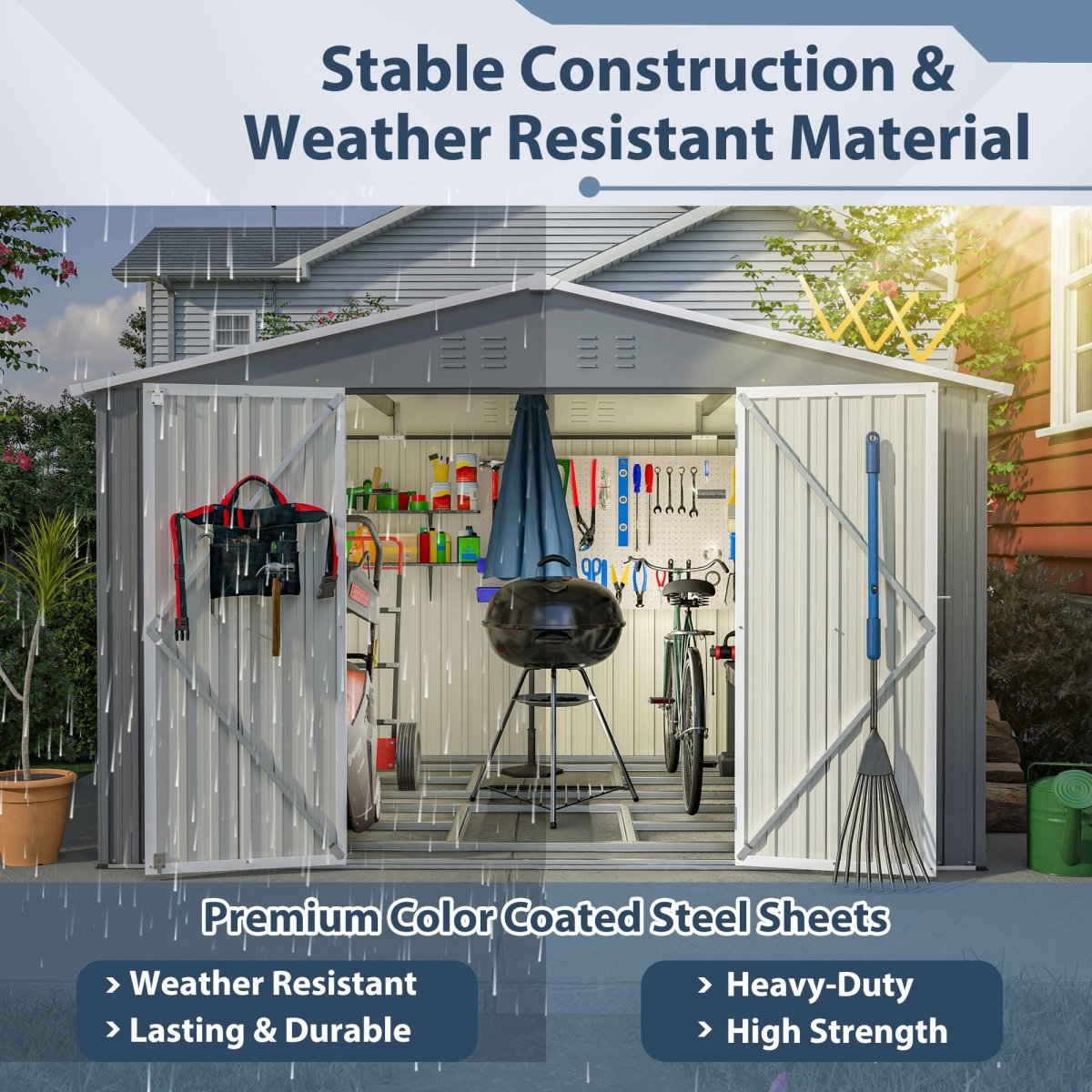 10X8 FT Outdoor Tool Storage Shed with Metal Foundation & Lockable Doors, All Weather Metal Sheds for Garden, Patio, Backyard, Lawn, Gray