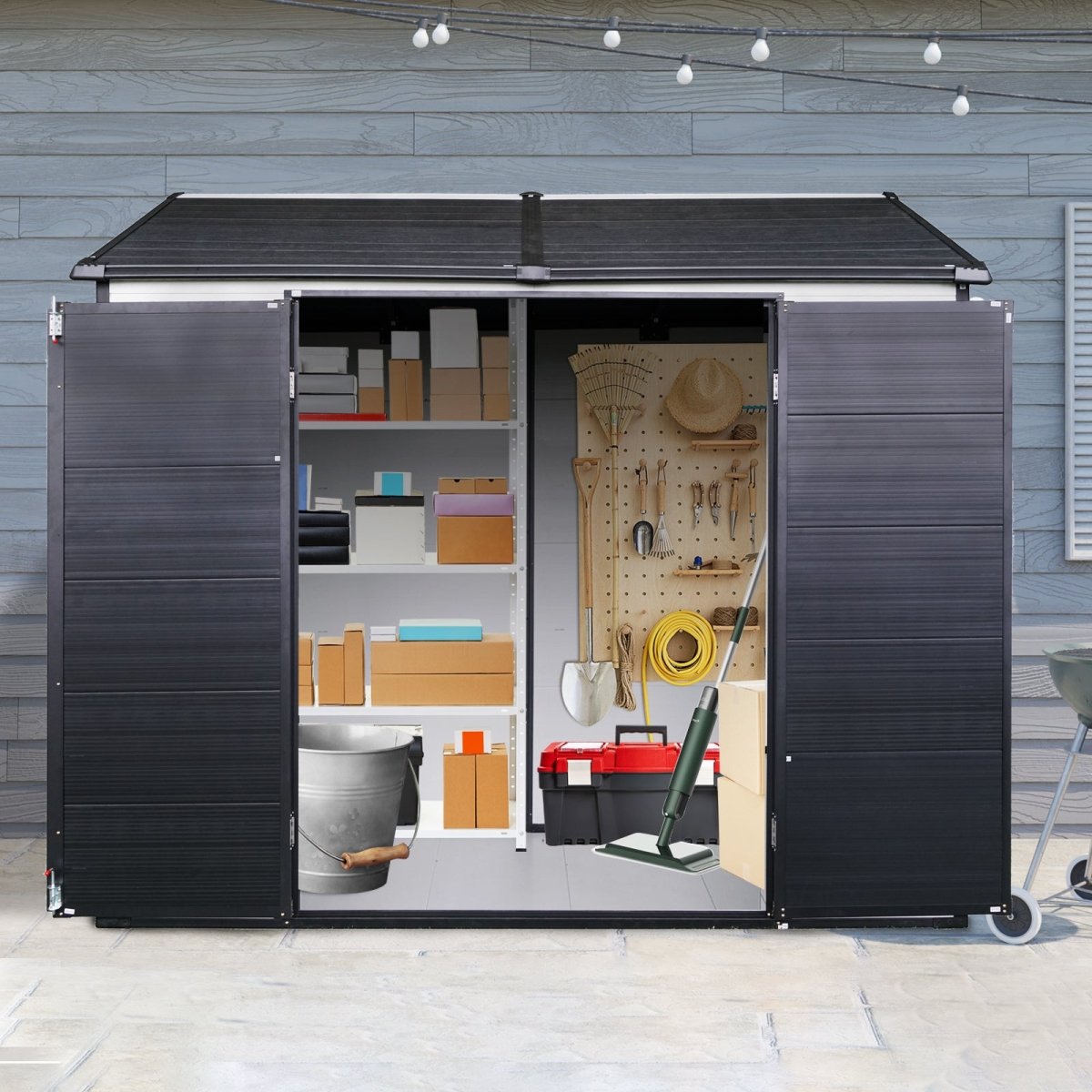 8 x 6 ft Resin Outdoor Storage Shed Waterproof Shed with Floor & Two Windows & Lockable Door, Tool Shed for Garden, Patio, Backyard,Grey White