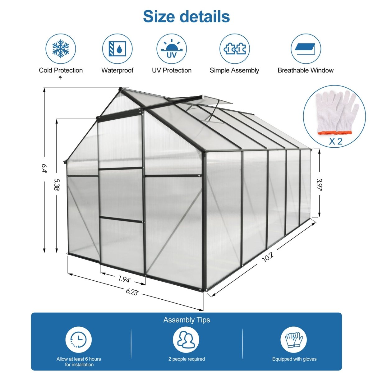6x10 FT Polycarbonate Greenhouse Raised Base and Anchor Aluminum Heavy Duty Walk-in Greenhouses for Outdoor Backyard in All Season