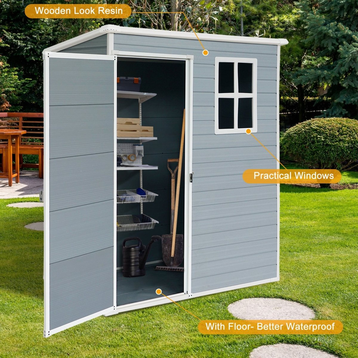 5ft x 3ft Resin Outdoor Storage Shed – Plastic Garden Shed with Floor & Lockable Door, Grey