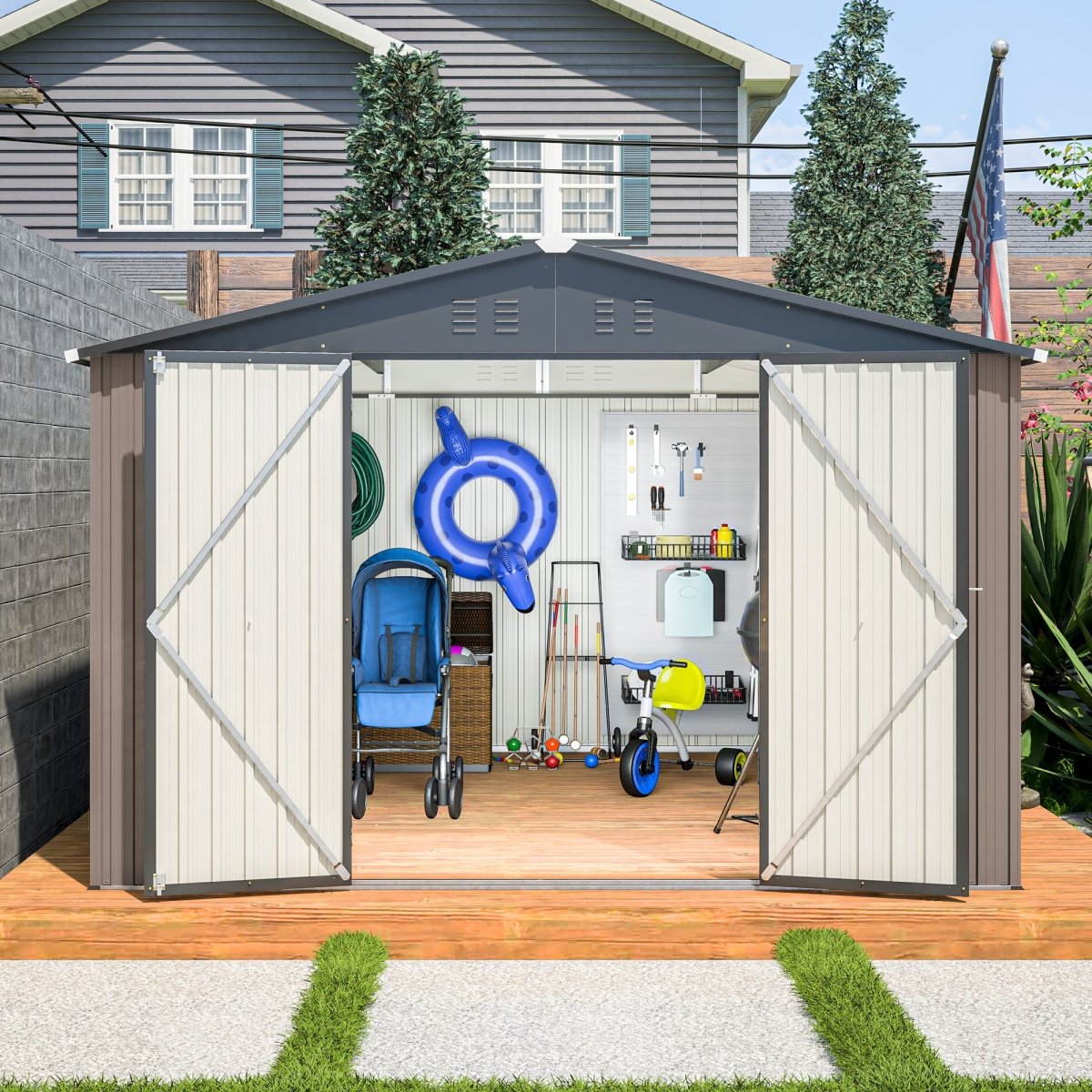 10' x 10' Metal Storage Shed for Ourdoor, Steel Yard Shed with Design of Lockable Doors, Utility and Tool Storage for Garden, Backyard, Patio, Outside use