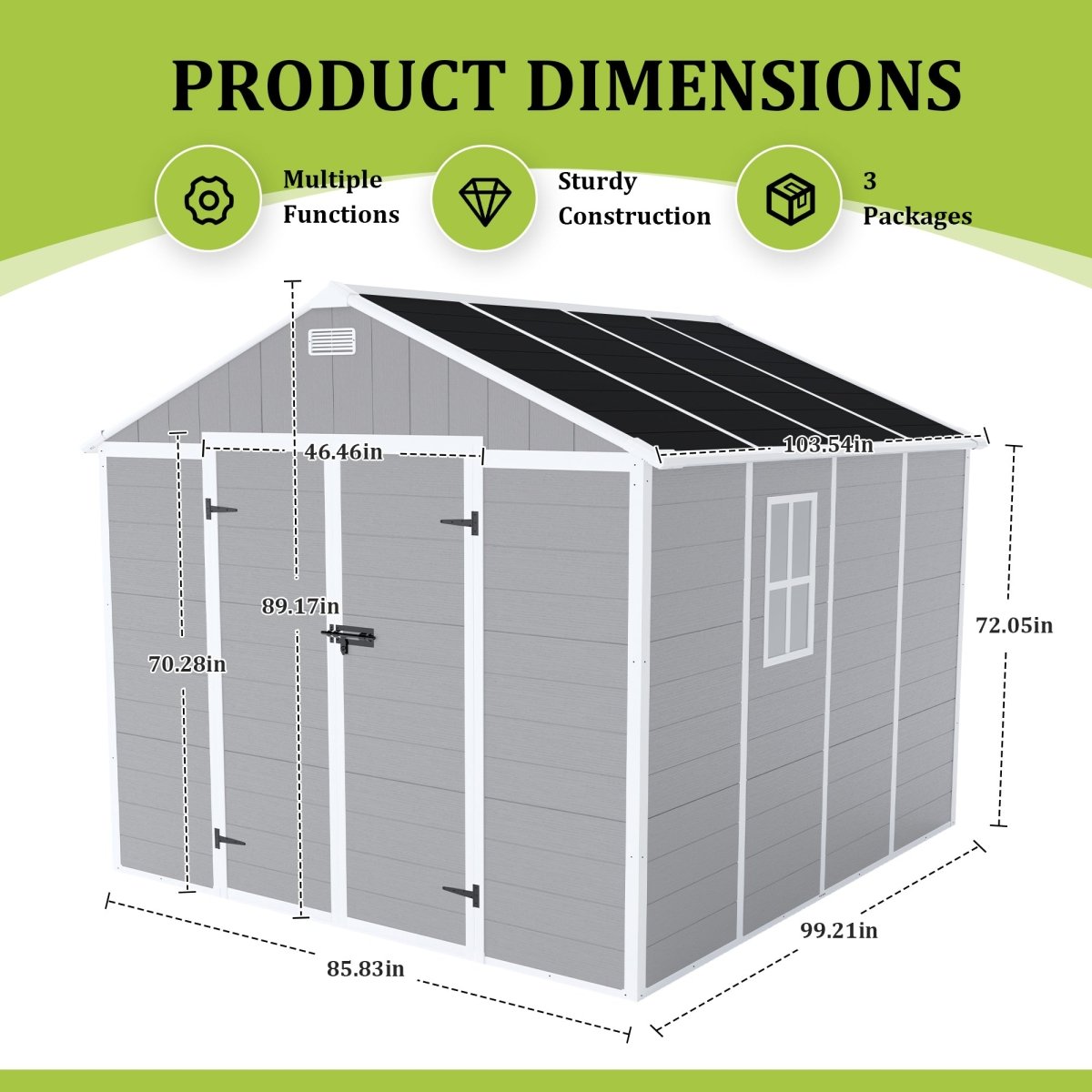 8x8 ft Resin Storage Shed, High Quality Pp Material, Strong Structure, Waterproof, Rust And Uv Proof, Large Storage Space, 12mm Thick Pp Board, Hd Window Lighting