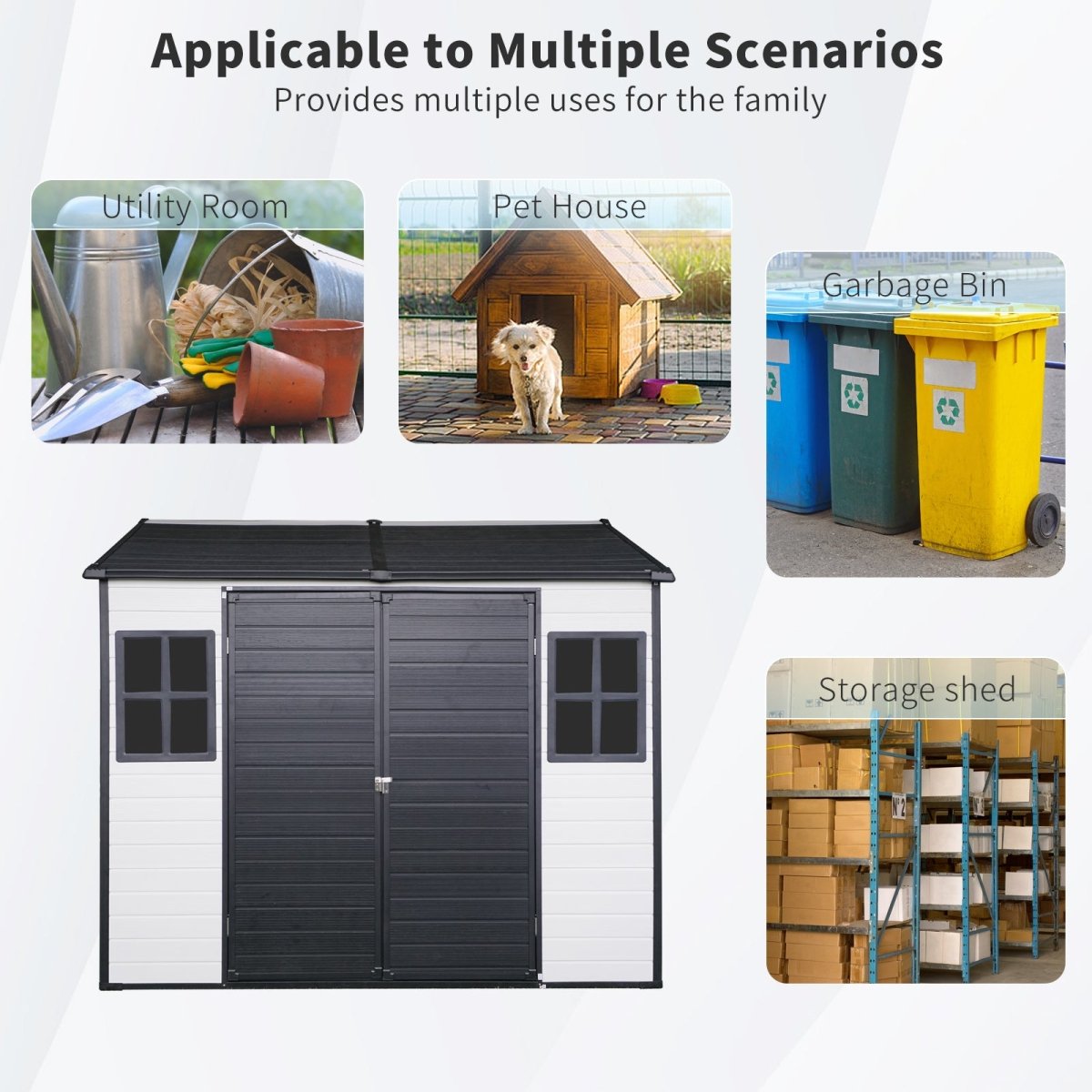 8 x 6 ft Resin Outdoor Storage Shed Waterproof Shed with Floor & Two Windows & Lockable Door, Tool Shed for Garden, Patio, Backyard,Grey White