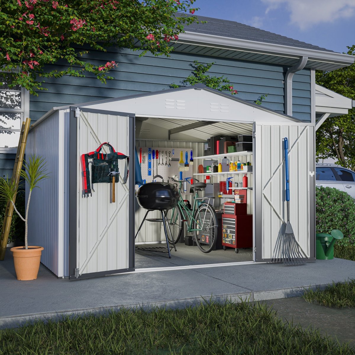 10X8 FT Outdoor Storage Shed, All Weather Metal Sheds with Lockable Doors, Tool Shed for Garden, Patio, Backyard, Lawn, Grey