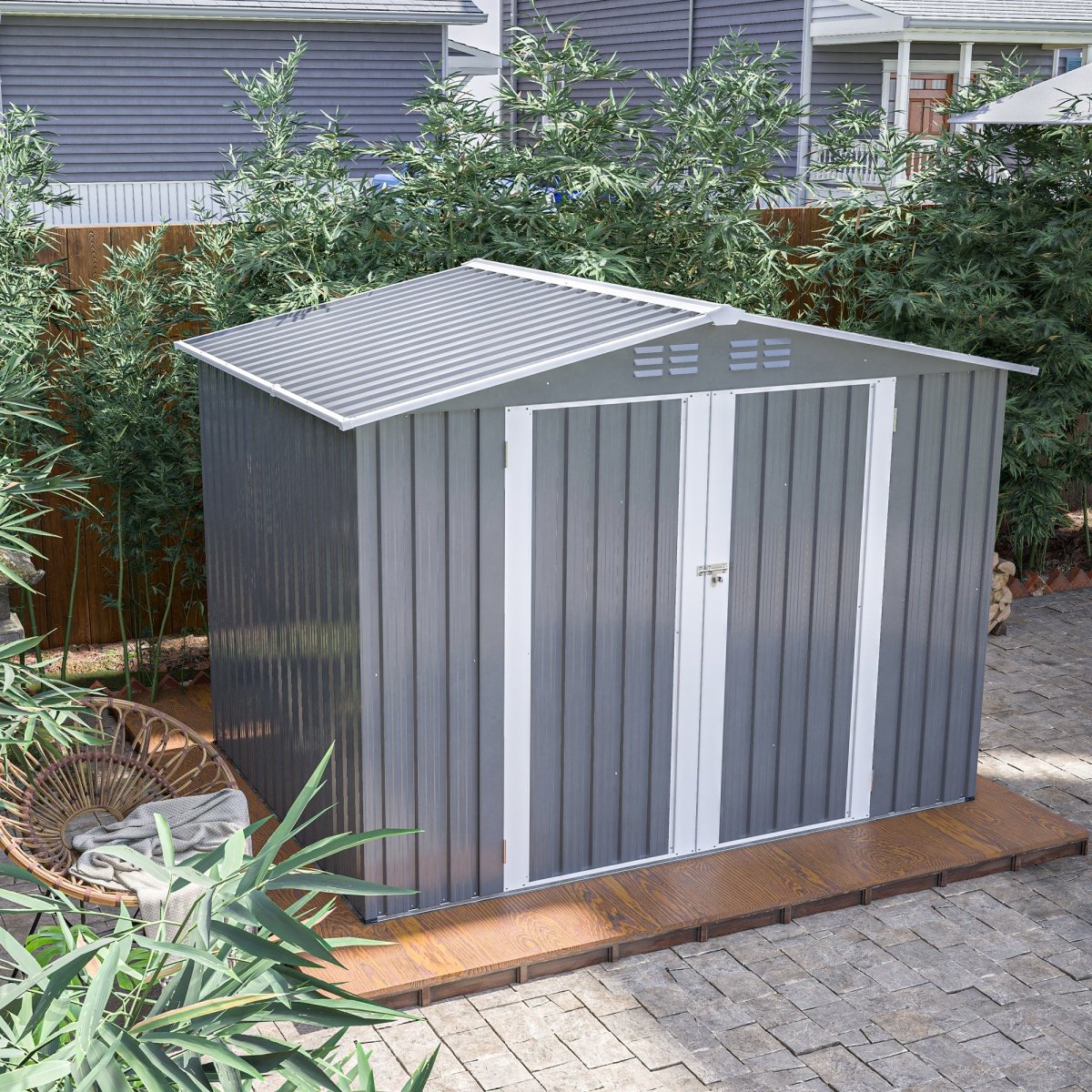 8 x 6 FT Outdoor Waterproof Garden Tool Storage Sheds with Metal Foundation with Floor Frame, Tool Shed with Lockable Hinged Doors & Air Vents, Storage House Waterproof for Backyard, Lawn, Gray