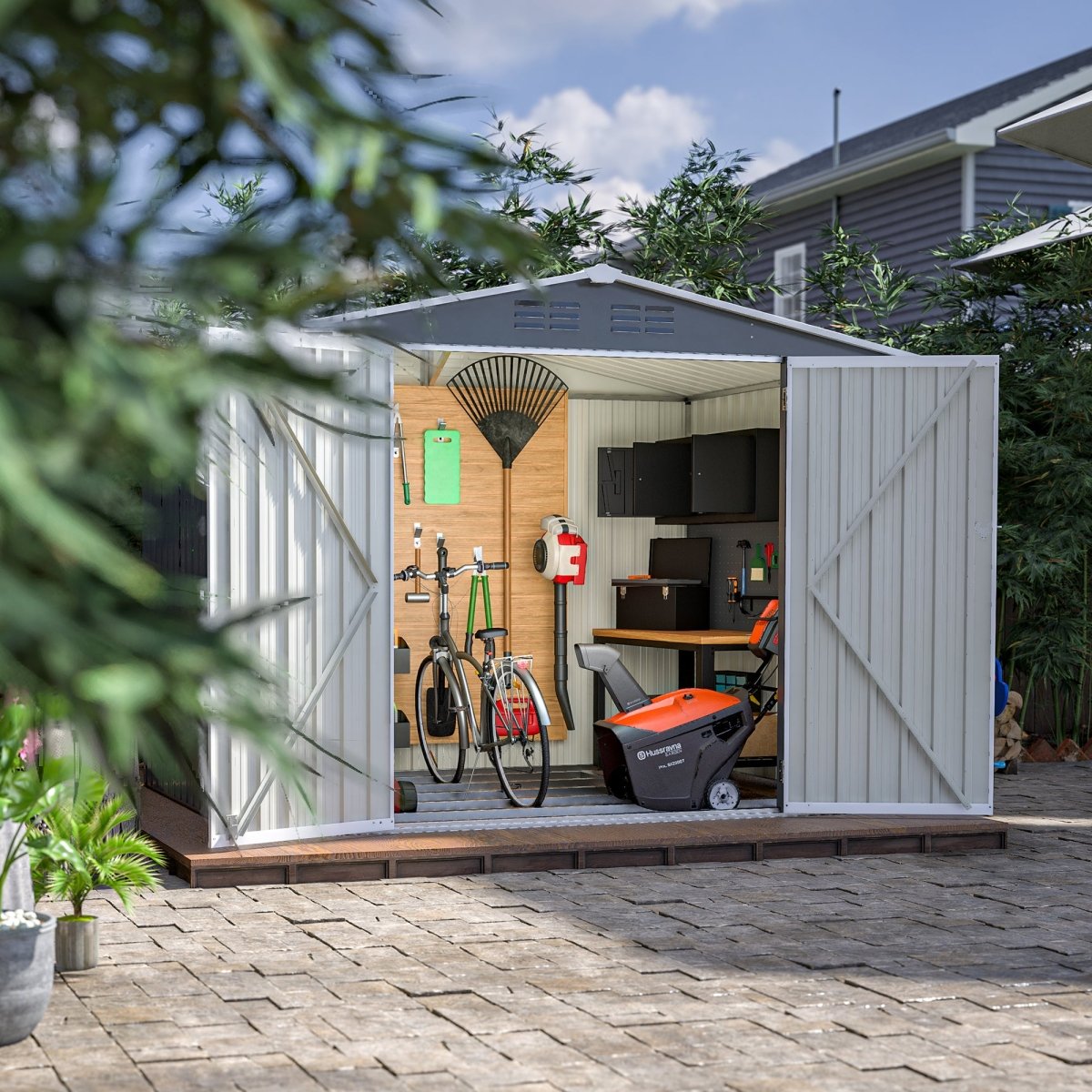 8 x 6 FT Outdoor Waterproof Garden Tool Storage Sheds with Metal Foundation with Floor Frame, Tool Shed with Lockable Hinged Doors & Air Vents, Storage House Waterproof for Backyard, Lawn, Gray