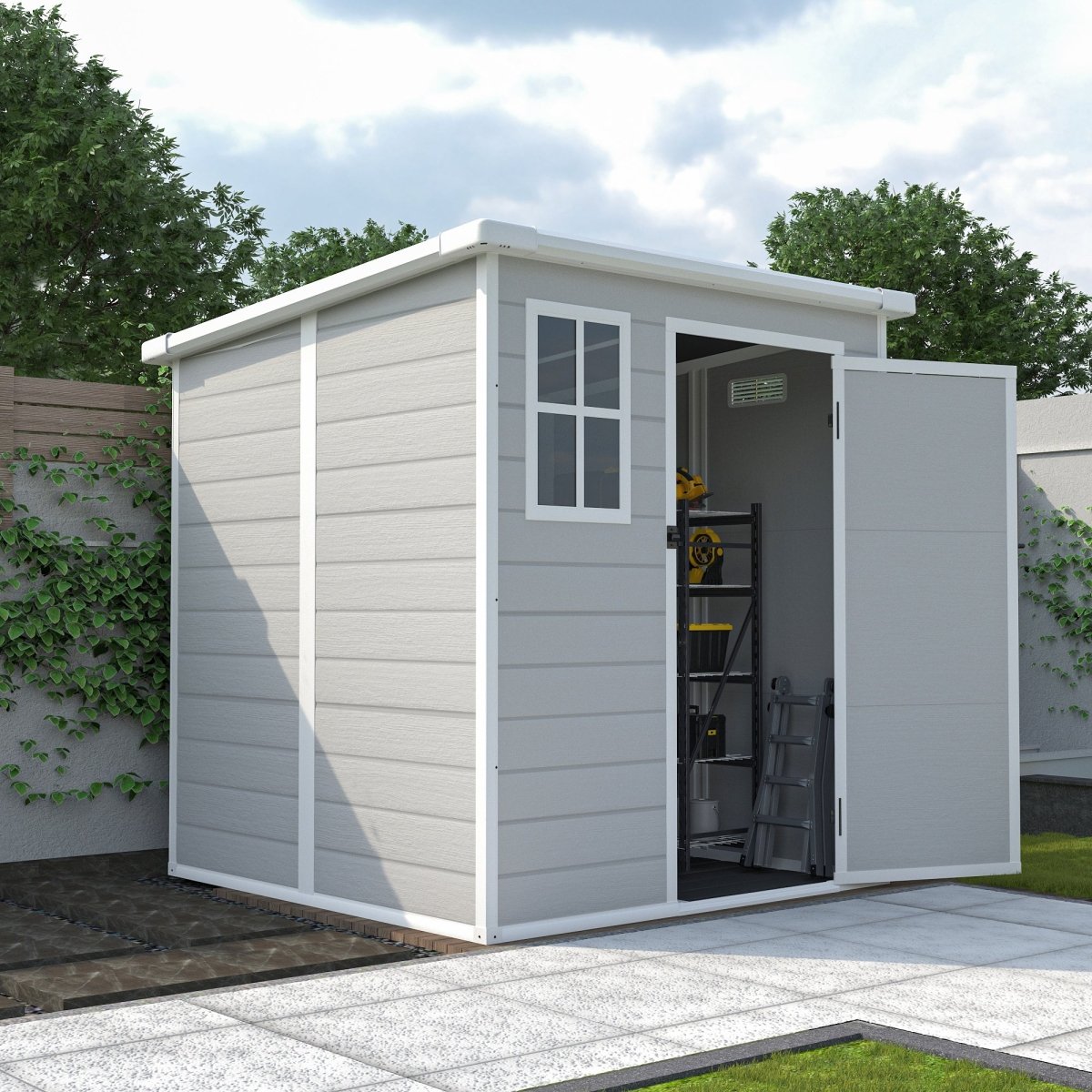 6x6 FT Storage Shed, Waterproof Resin Outdoor Storage Shed with Floor & Window & Lockable Doors and Vents, Tool Shed for Bike, Garden, Backyard,Lawn, All Weather Use, Light Grey