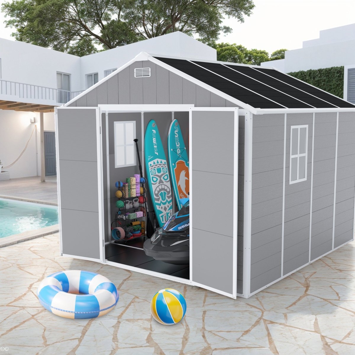 8x8 ft Resin Storage Shed, High Quality Pp Material, Strong Structure, Waterproof, Rust And Uv Proof, Large Storage Space, 12mm Thick Pp Board, Hd Window Lighting