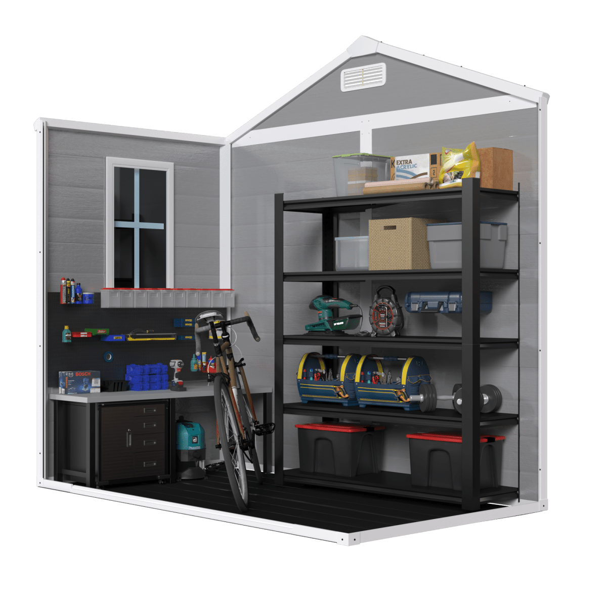 6x6 FT Storage Shed, Waterproof Resin Outdoor Storage Shed with Floor & Window & Lockable Doors and Vents, Tool Shed for Bike, Garden, Backyard,Lawn, All Weather Use, Light Grey