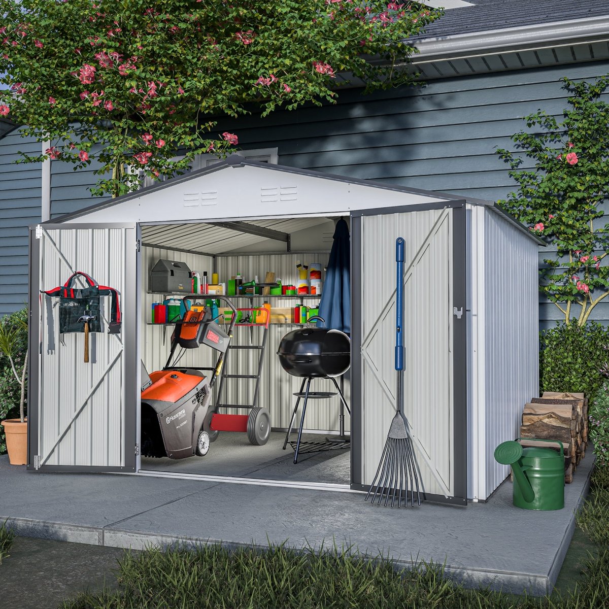 10X8 FT Outdoor Storage Shed, All Weather Metal Sheds with Lockable Doors, Tool Shed for Garden, Patio, Backyard, Lawn, Grey