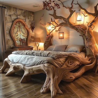 Rustic Solid Wood Bed Frame Queen Bed Vintage Housewarming Gift