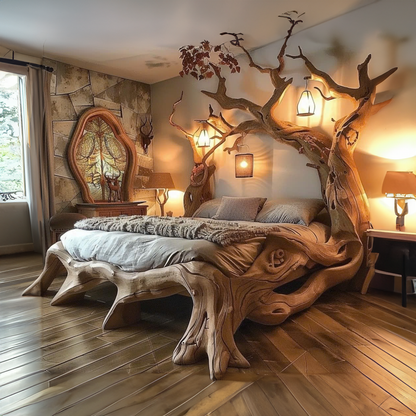 Rustic Solid Wood Bed Frame Queen Bed Vintage Housewarming Gift