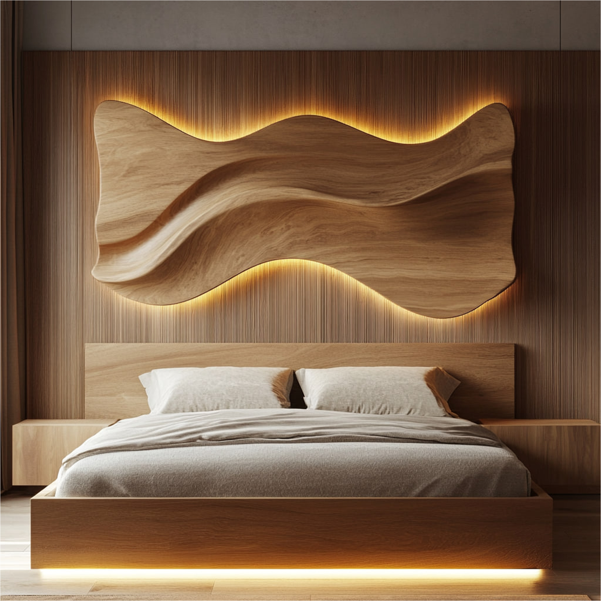 Rustic Sculptural Wooden Headboard Solid Wood Bedroom Interior Statement Decor
