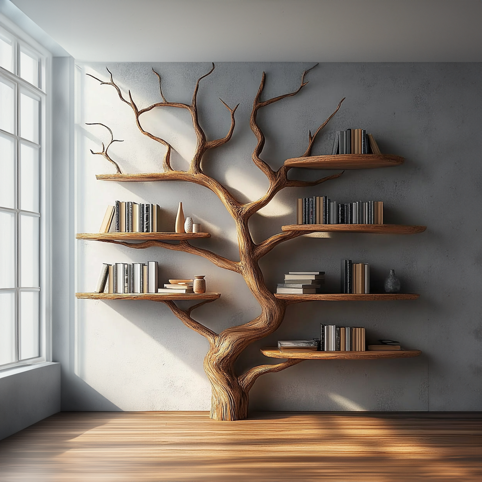 Rustic Tree Wall Shelf Solid Wood Minimal Artistic Design Living Room