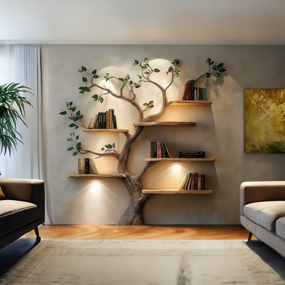 Rustic Solid Wood Tree Bookshelf For Living Room Wall Decor