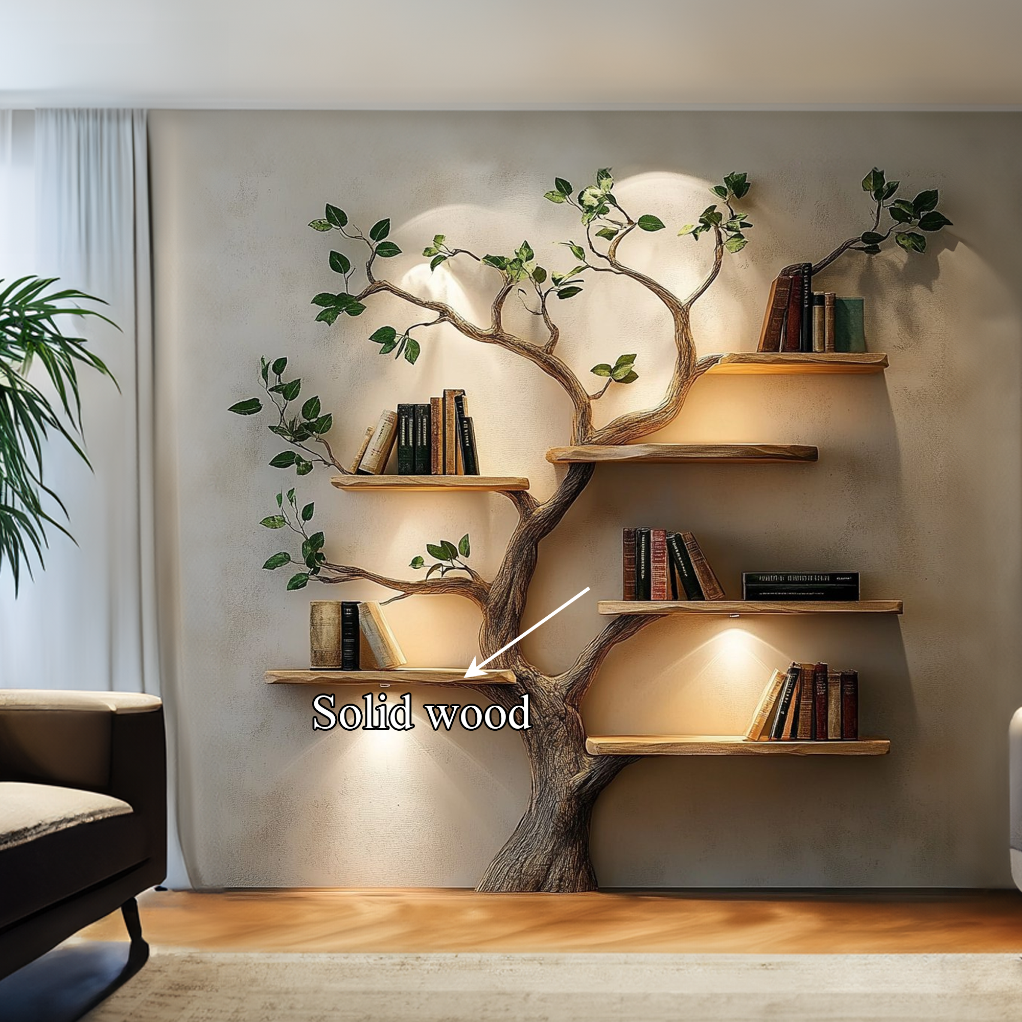 Rustic Solid Wood Tree Bookshelf For Living Room Wall Decor