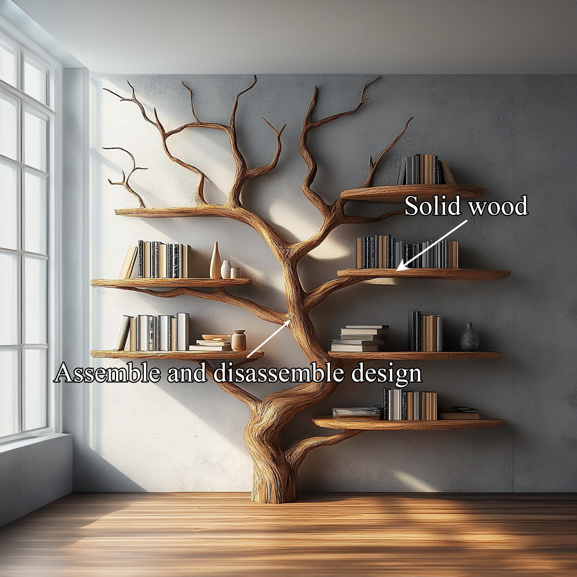 Rustic Tree Wall Shelf Solid Wood Minimal Artistic Design Living Room
