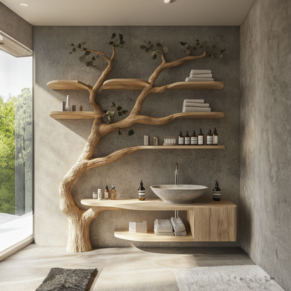 Wood Vanity With Mini Sink Floating Shelves Tree Branches