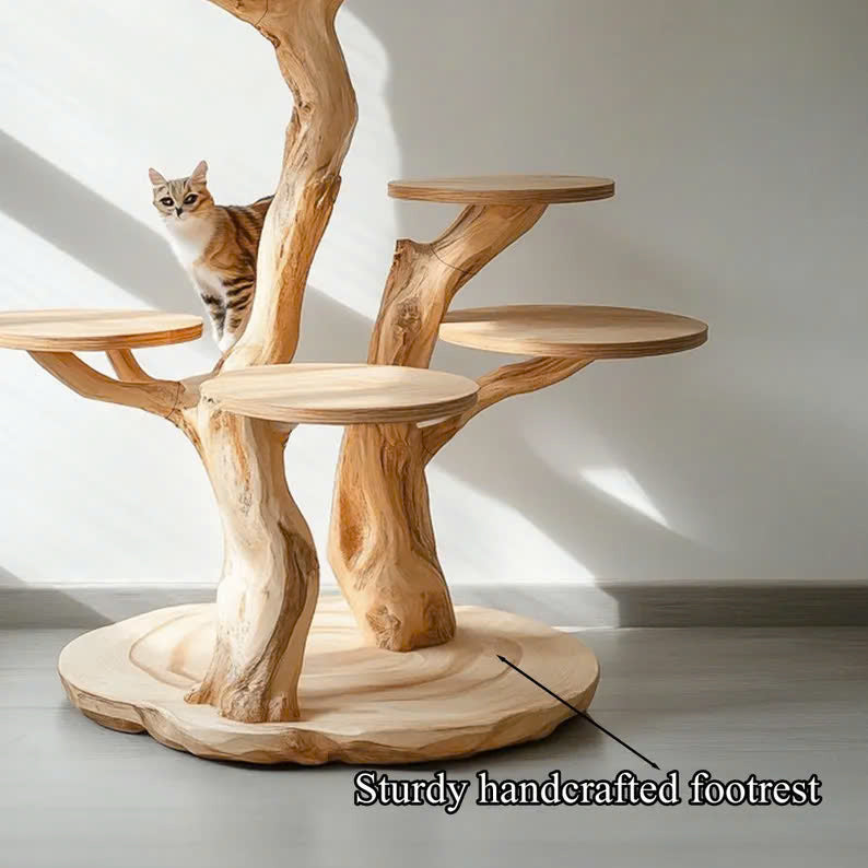Rustic Natural Solid Wood Cat Tree Wooden  Stand Naturally Gift Cat