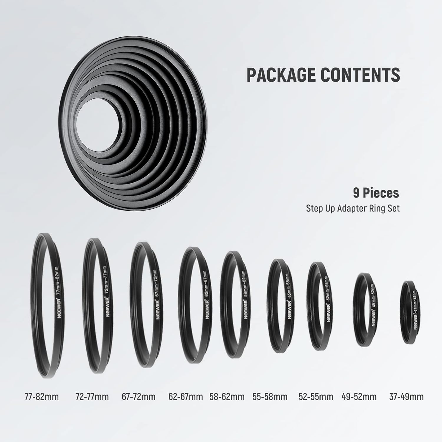 NEEWER 9 Pieces Step-up Lens Filter Adapter Rings Set