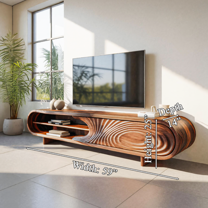 Modern Sculptural Wood TV Stand With Curved Grain Pattern For Living Room