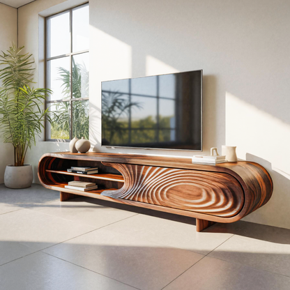 Modern Sculptural Wood TV Stand With Curved Grain Pattern For Living Room