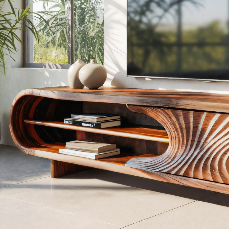 Modern Sculptural Wood TV Stand With Curved Grain Pattern For Living Room