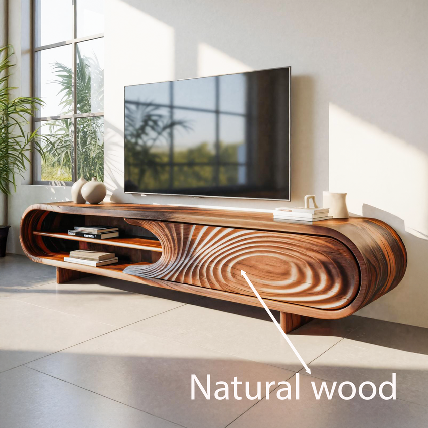 Modern Sculptural Wood TV Stand With Curved Grain Pattern For Living Room