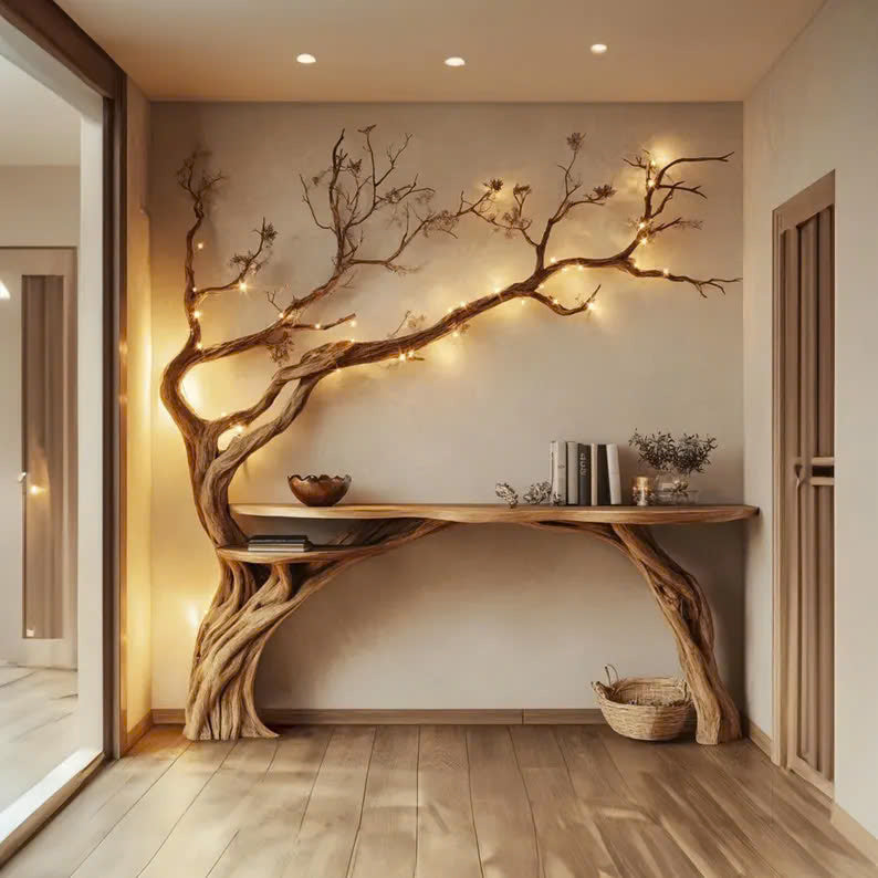 Natural Solid Wood Tree Bookshelf Rustic Side Table Farmhouse
