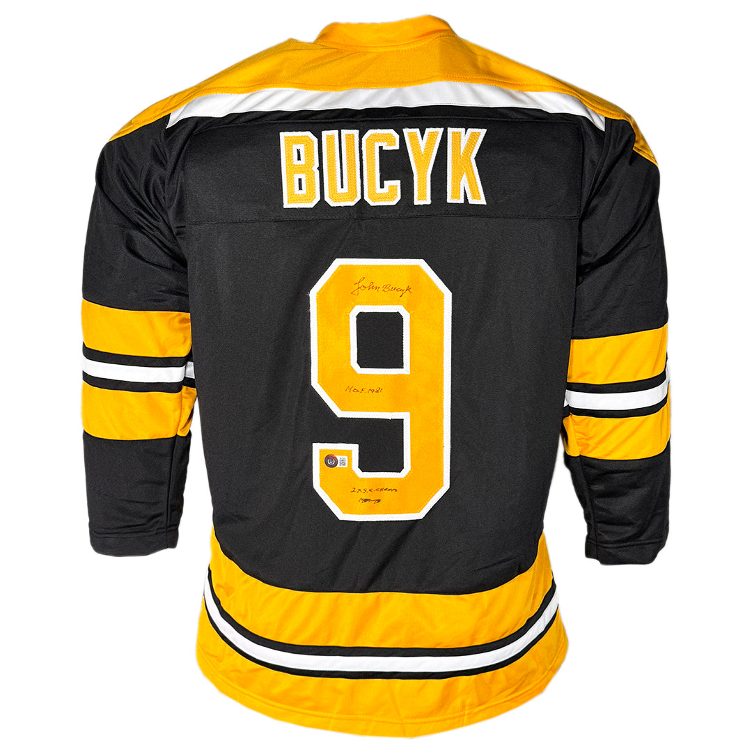 John Bucyk Signed HOF 1981 - 2x SC Champs Inscription Boston Black Hockey Jersey (Beckett)
