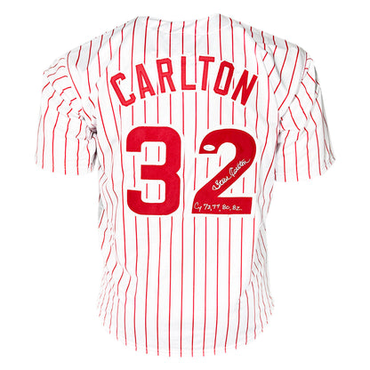 Steve Carlton Signed CY 72, 77, 80, 82 Inscription Philadelphia Pinstripe Baseball Jersey (JSA)