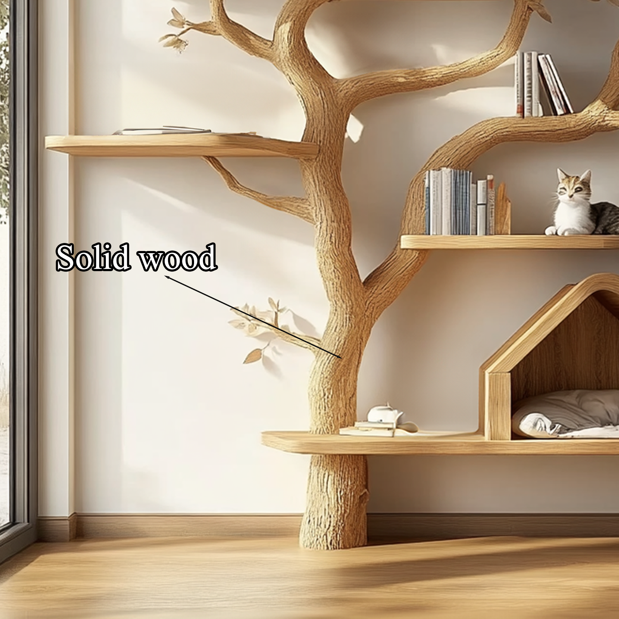 Pet House Cat Tree Natural Wood Cat Furniture Gift Cat Love