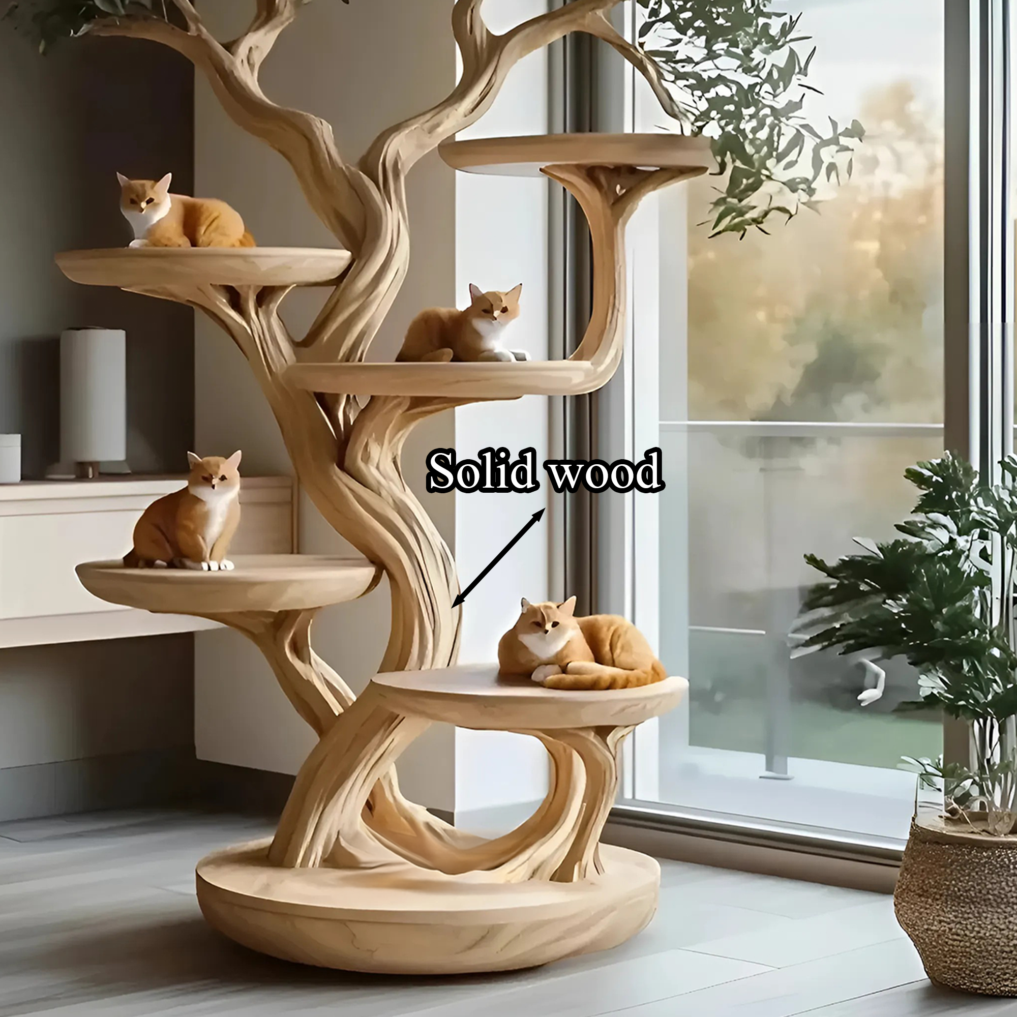 Rustic Solid Wood Cat Tree Handmade Stand Naturally Gift Cat