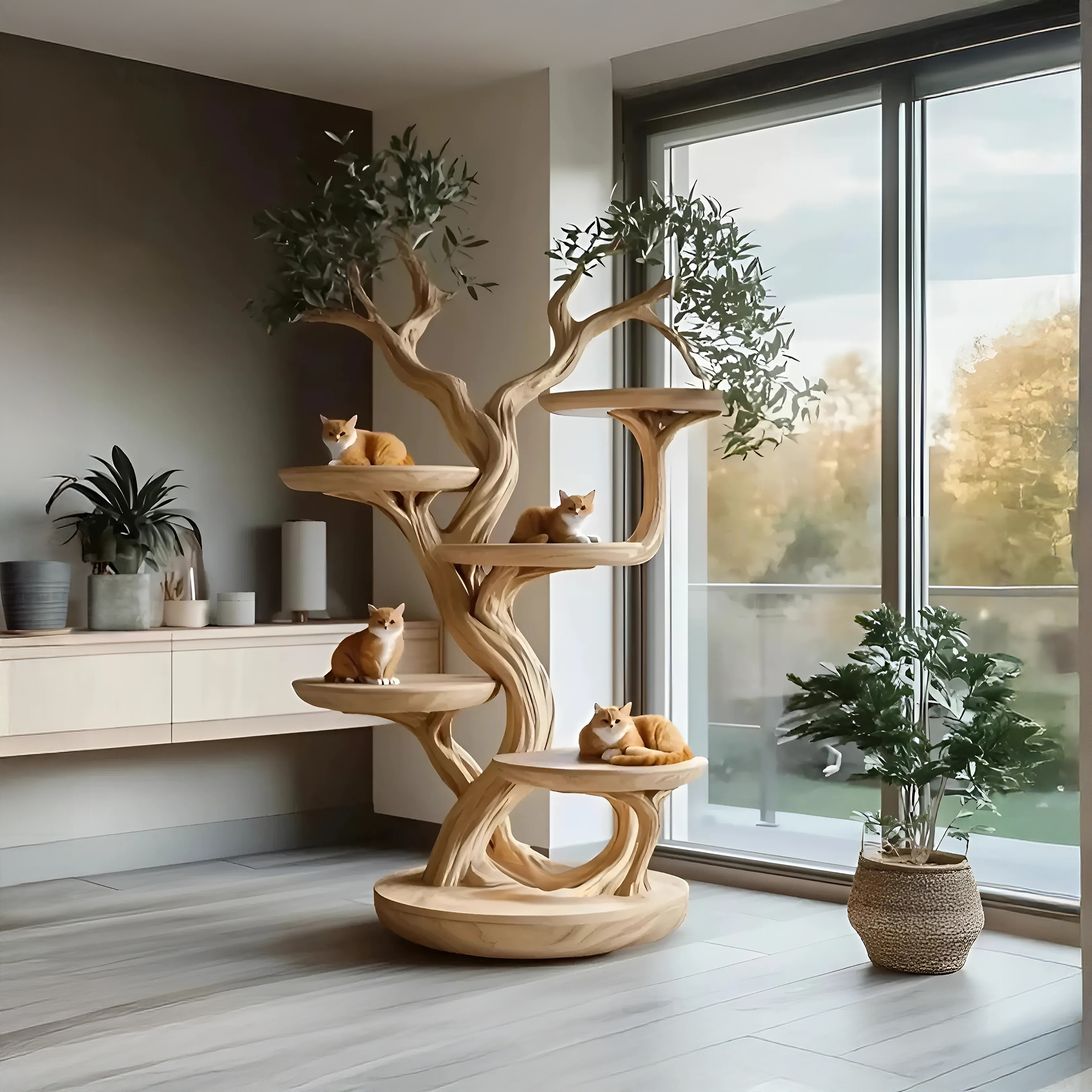 Rustic Solid Wood Cat Tree Handmade Stand Naturally Gift Cat
