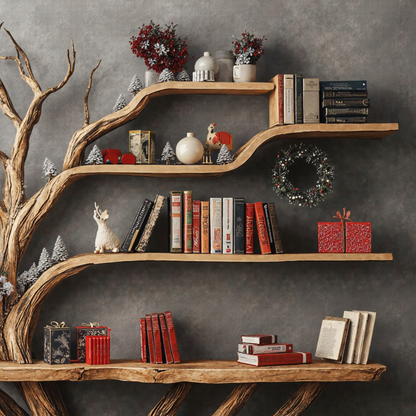 Narrow Floating Live Edge Side Table With Tree Bookshelf
