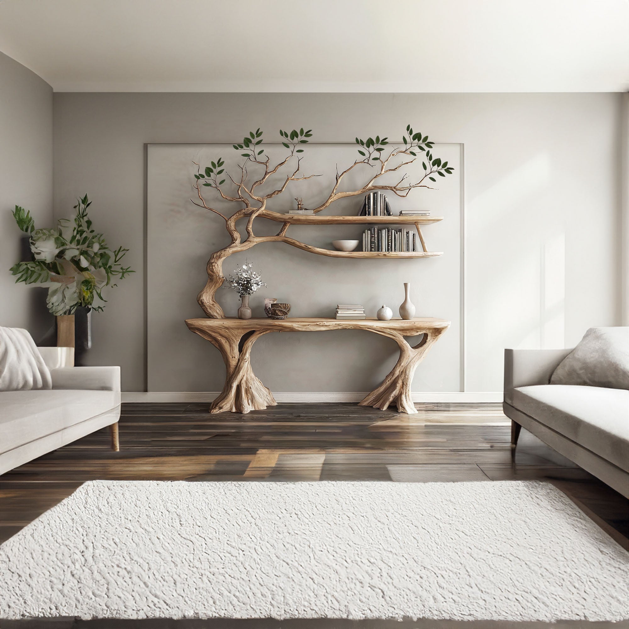 Console Narrow Table With Tree Branch Bookshelf