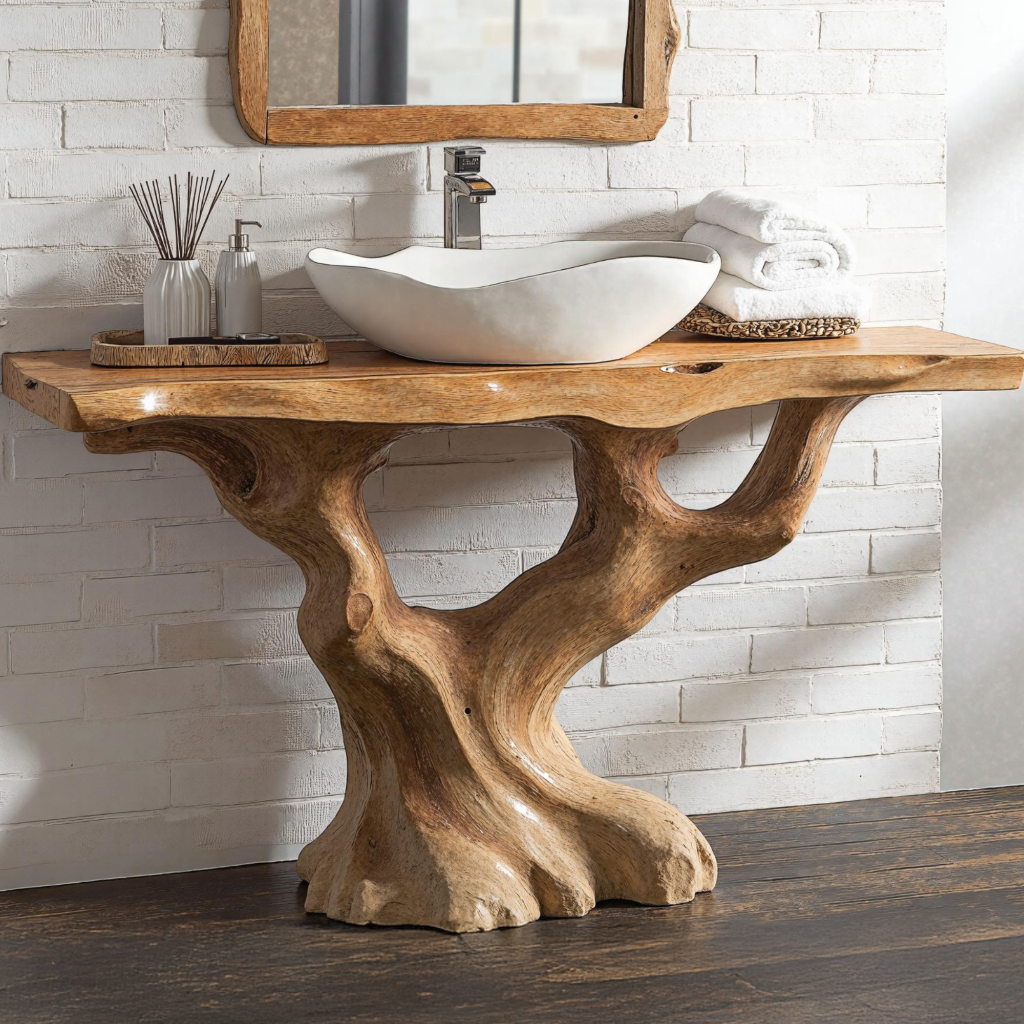 Handcrafted Wood Bathroom Vanity With Tree Trunk Base For Rustic Charm