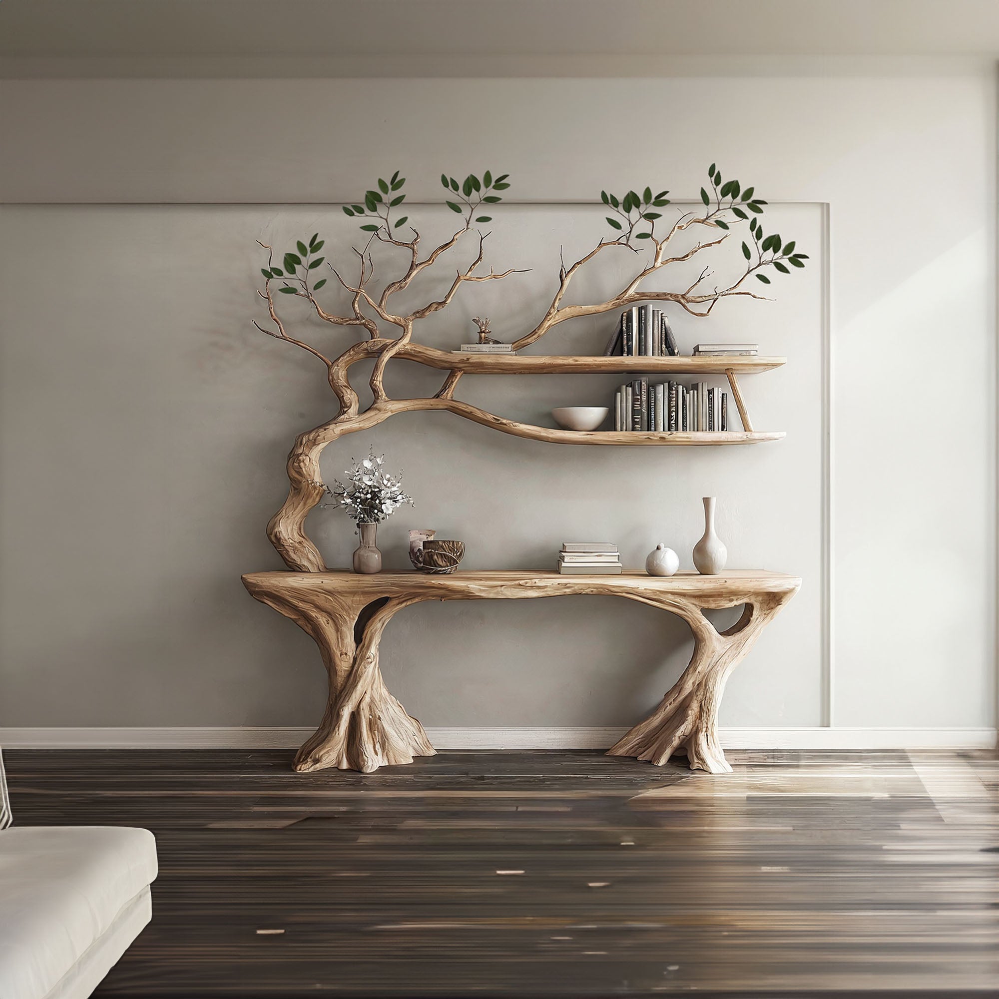 Console Narrow Table With Tree Branch Bookshelf