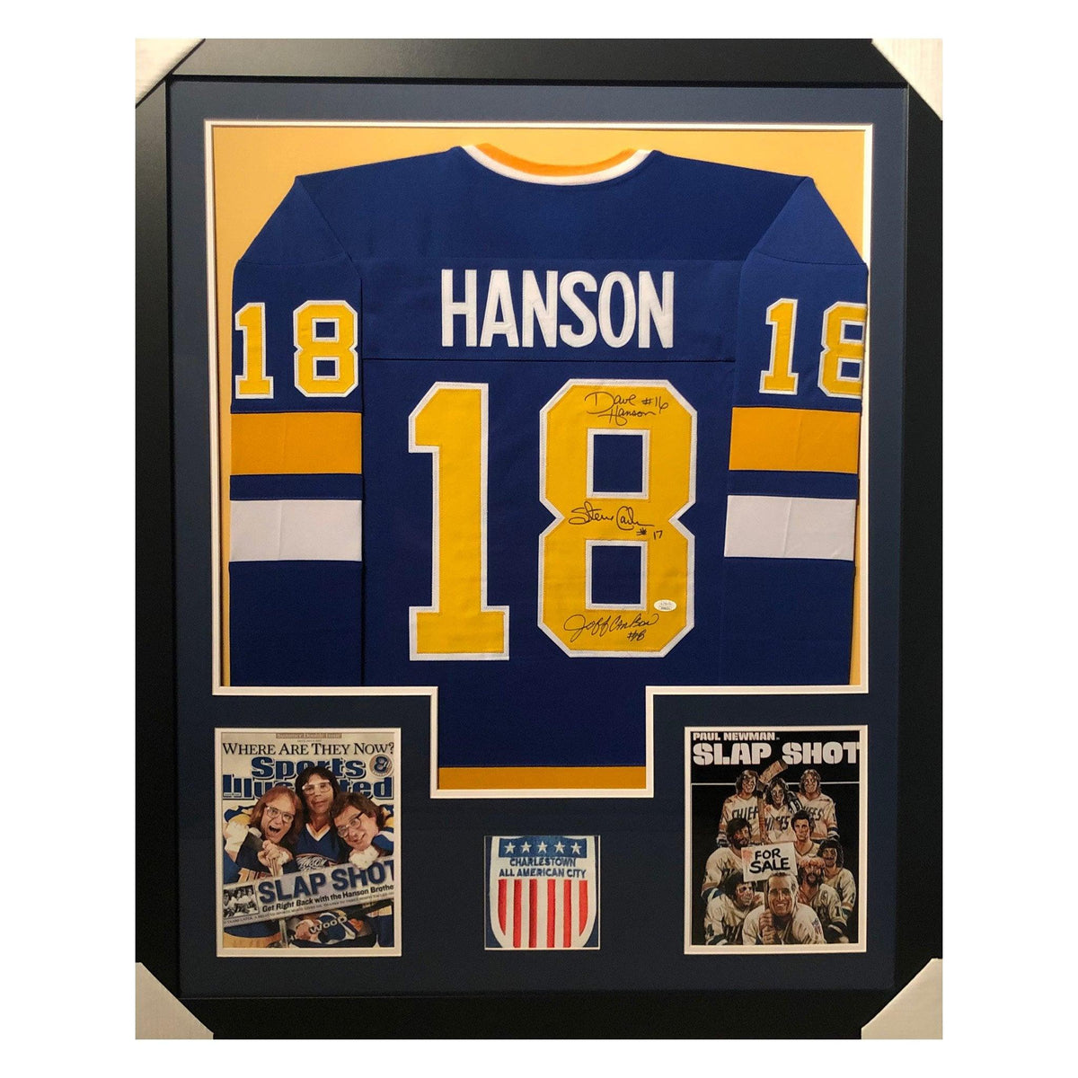 3-Signature Hanson Brothers Signed Framed Vertical Layout Slap Shot Chiefs Blue Hockey Edition Jersey (JSA)
