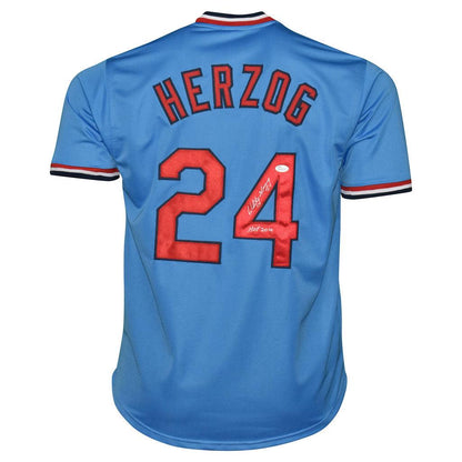 Whitey Herzog Signed HOF 2010 Inscription St Louis Blue Baseball Jersey (JSA)