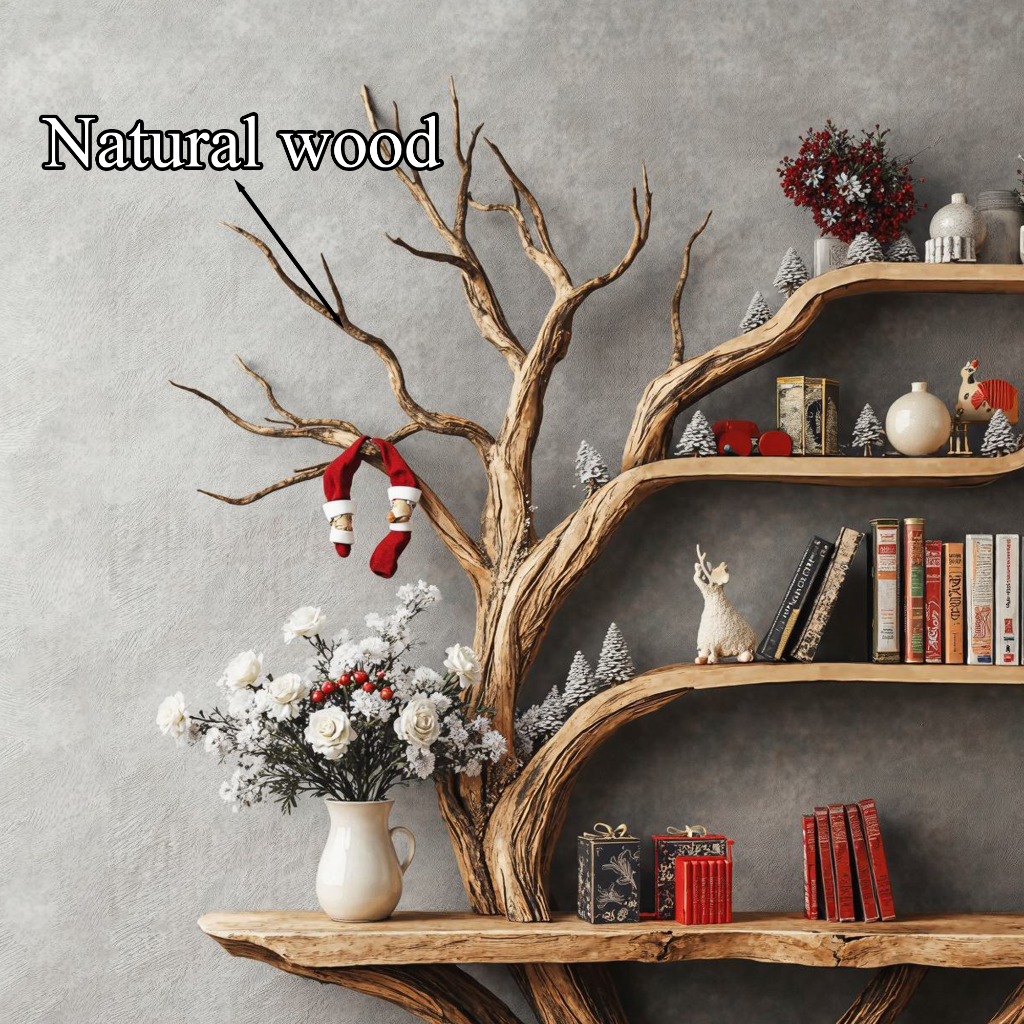 Narrow Floating Live Edge Side Table With Tree Bookshelf
