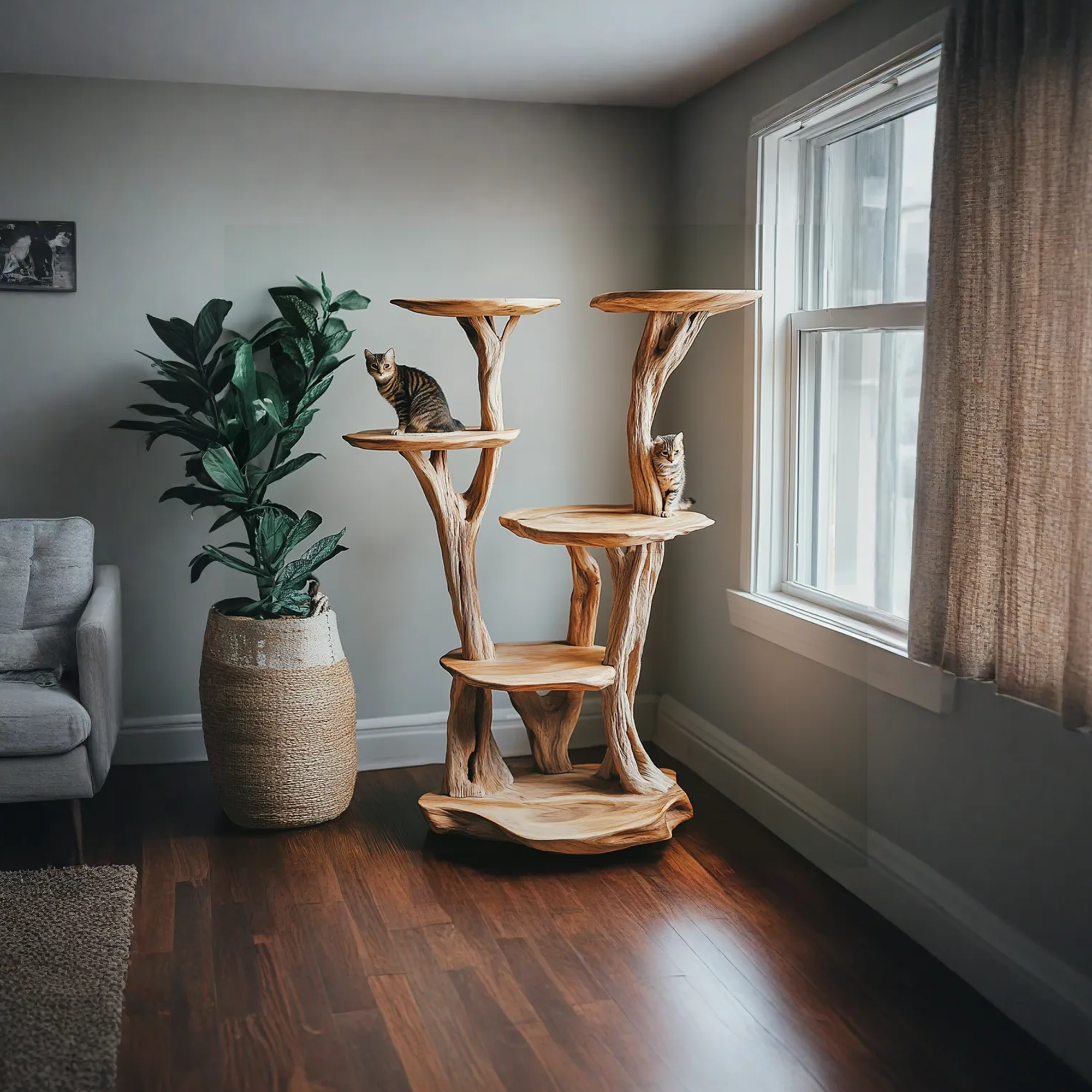 Wooden Cat Tree Tower Modern Cat Tree Free Standing Natural Solid Wood