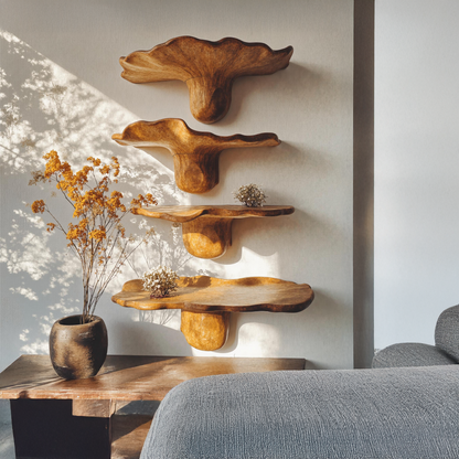 Handcrafted Mushroom Design Wood Shelf For Wall Art
